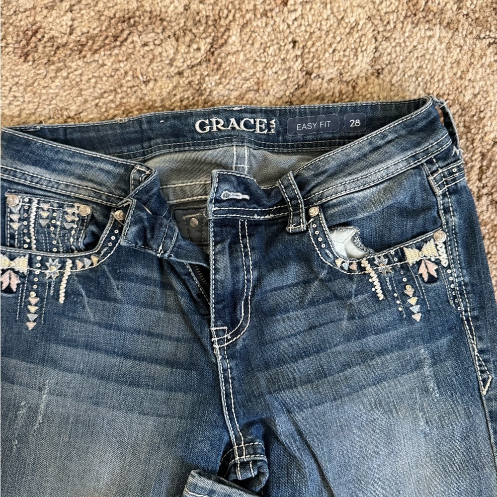 Grace in LA Women's Dark Blue Embroidered Boot Cut Jeans